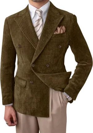 Mens Blazer Corduroy Suit Jacket Double Breasted Sports Jackets for Men Slim Fit Casual Sports Coat for Business