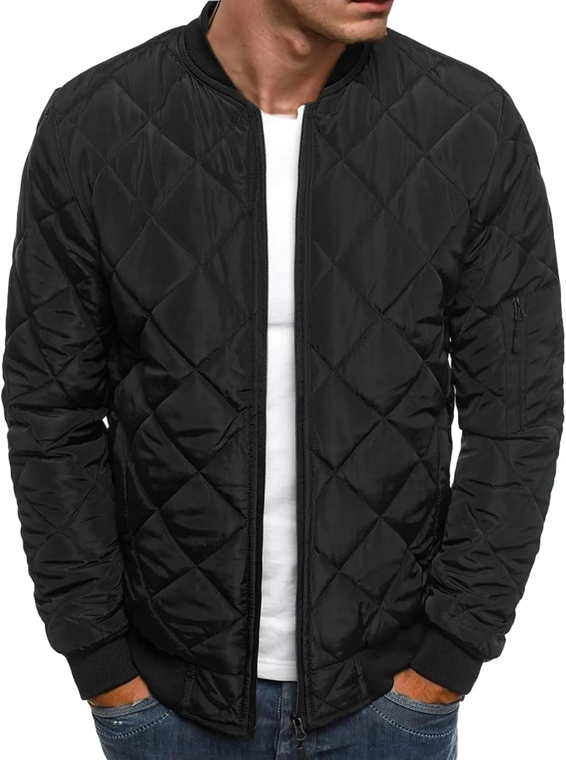 Mens Bomber Jackets Diamond Quilted Fall Winter Rib Varsity Lightweight Jacket Warm Padded Coats Outwear with Pockets