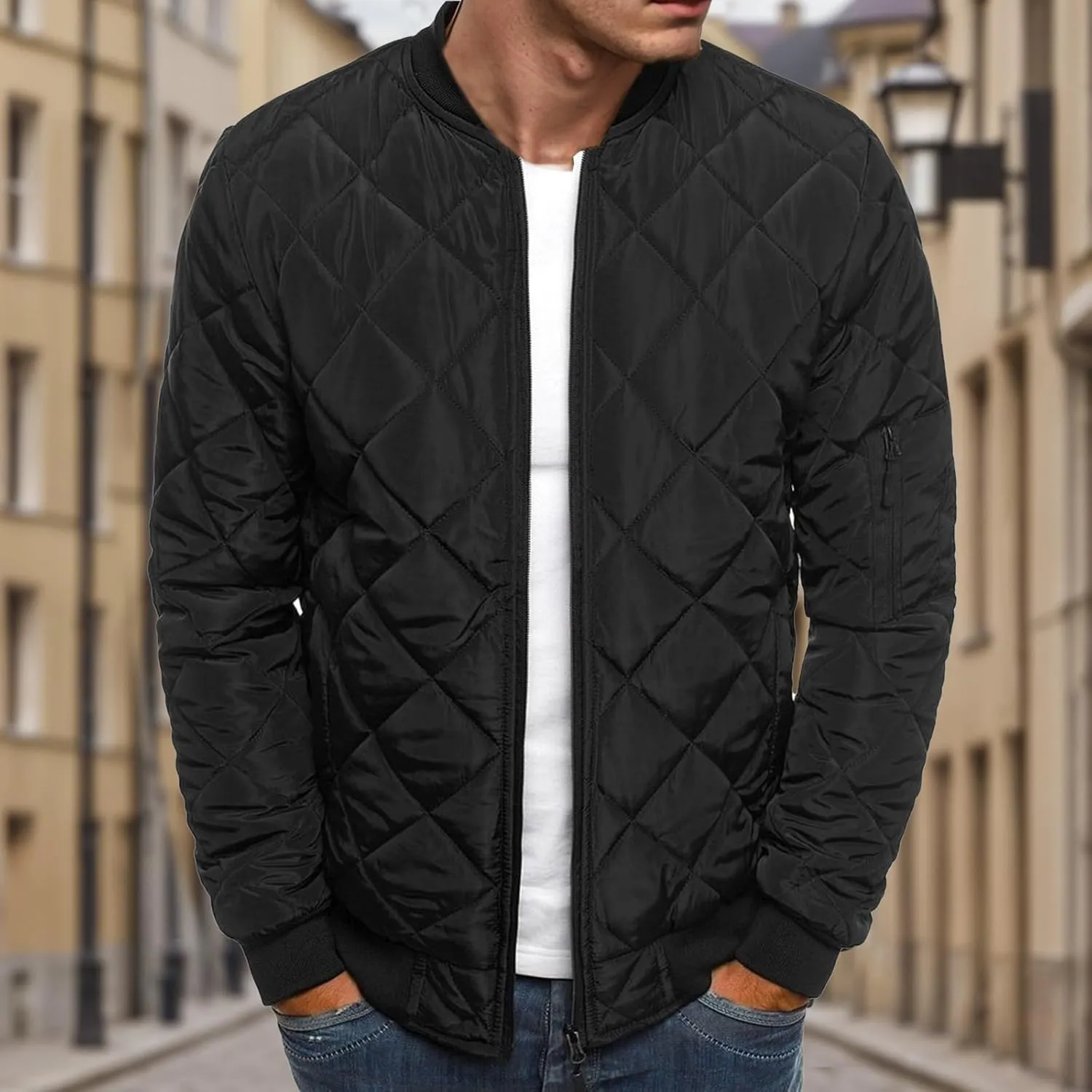 Mens Bomber Jackets Diamond Quilted Fall Winter Rib Varsity Lightweight Jacket Warm Padded Coats Outwear with Pockets