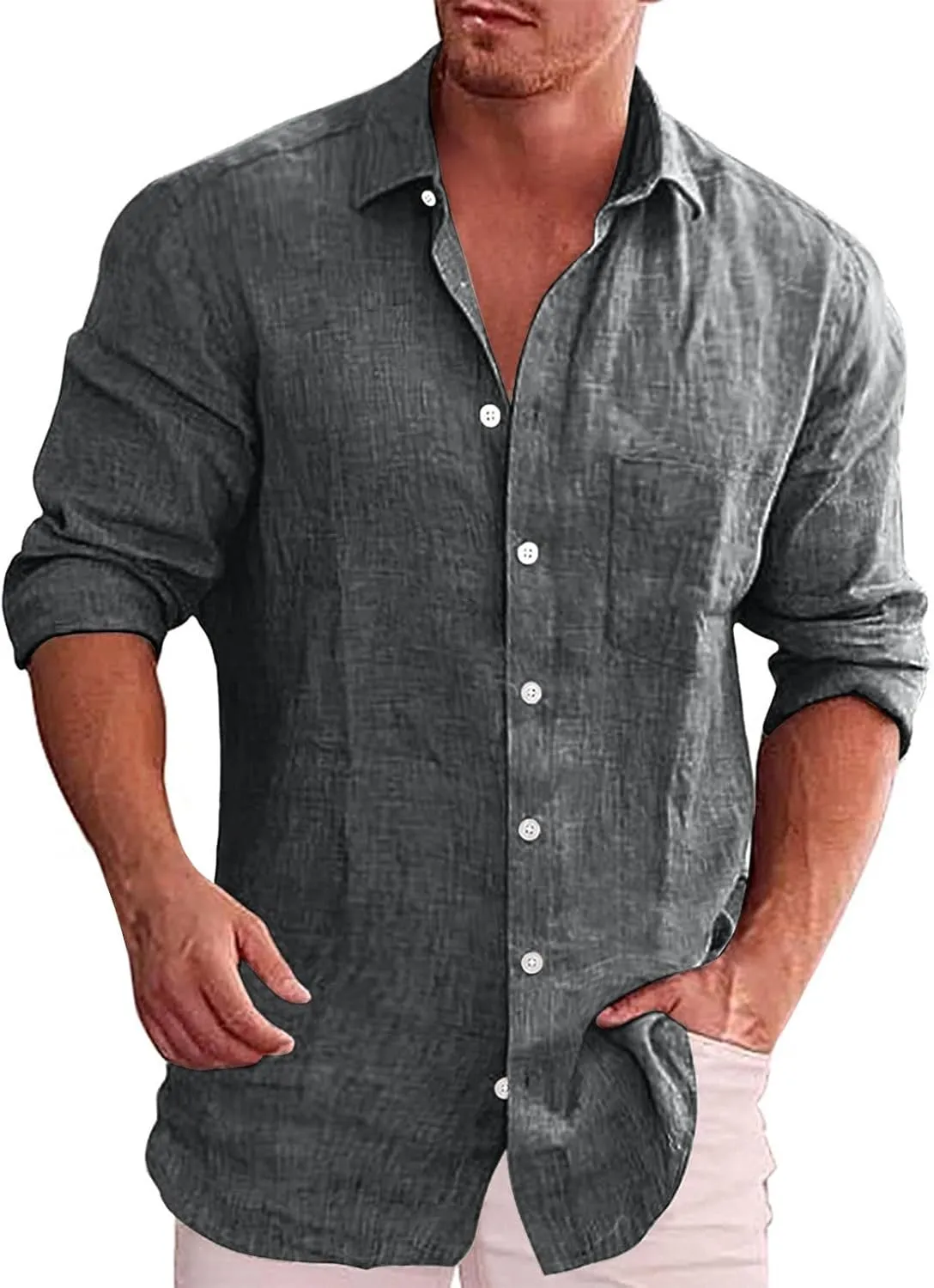 Mens Button Down Long Sleeve Shirts Summer Roll up Sleeves Party Hippie T-Shirts Linen Stylish Wedding Beach Tops