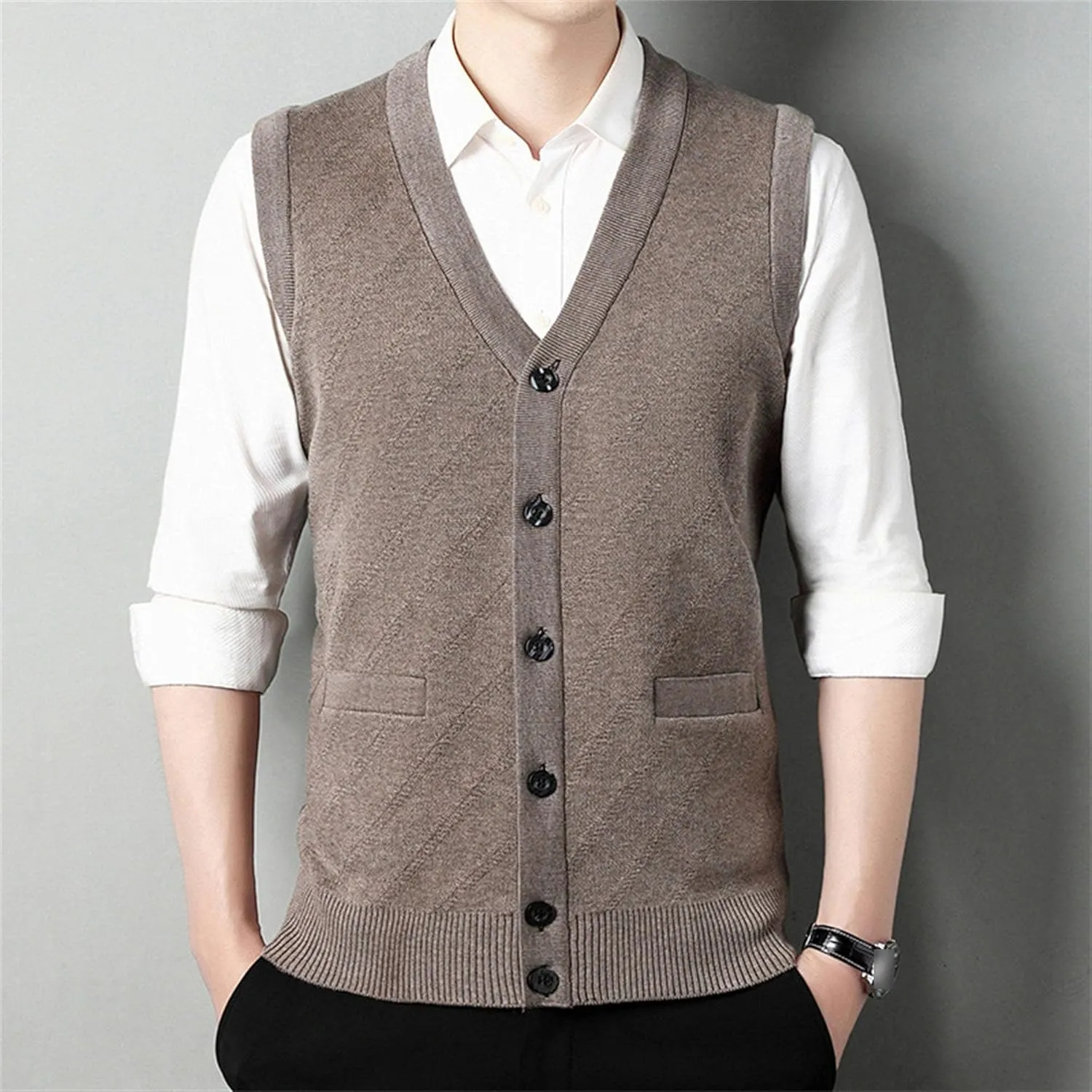 Men's Button Knitted Cardigan Vest Wool Blend V Neck Sweaters Lightweight Tank Top with Pockets