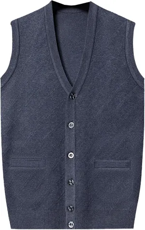 Men's Button Knitted Cardigan Vest Wool Blend V Neck Sweaters Lightweight Tank Top with Pockets
