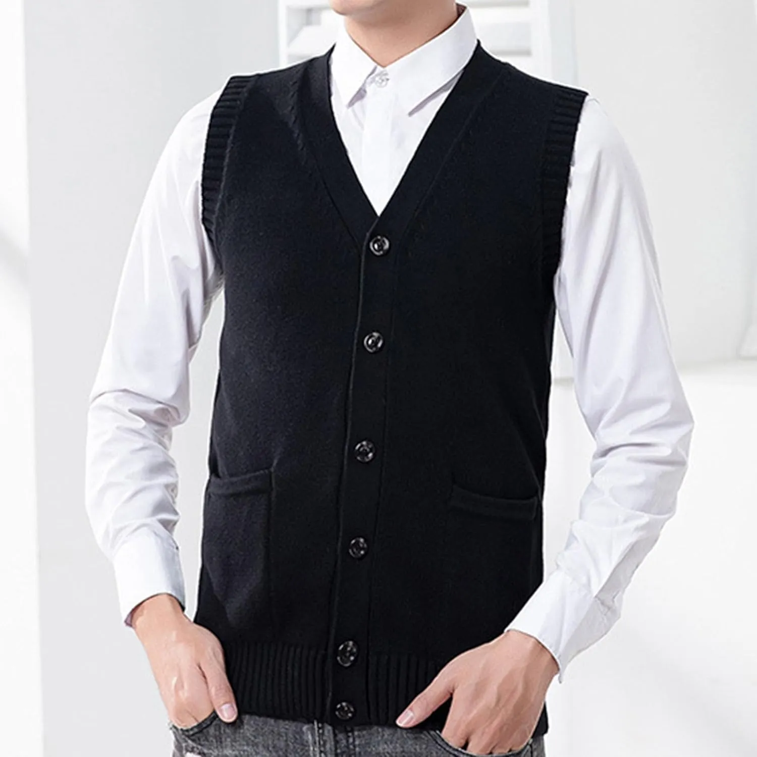 Men's Button Knitted Cardigan Vest Wool Blend V Neck Sweaters Lightweight Tank Top with Pockets