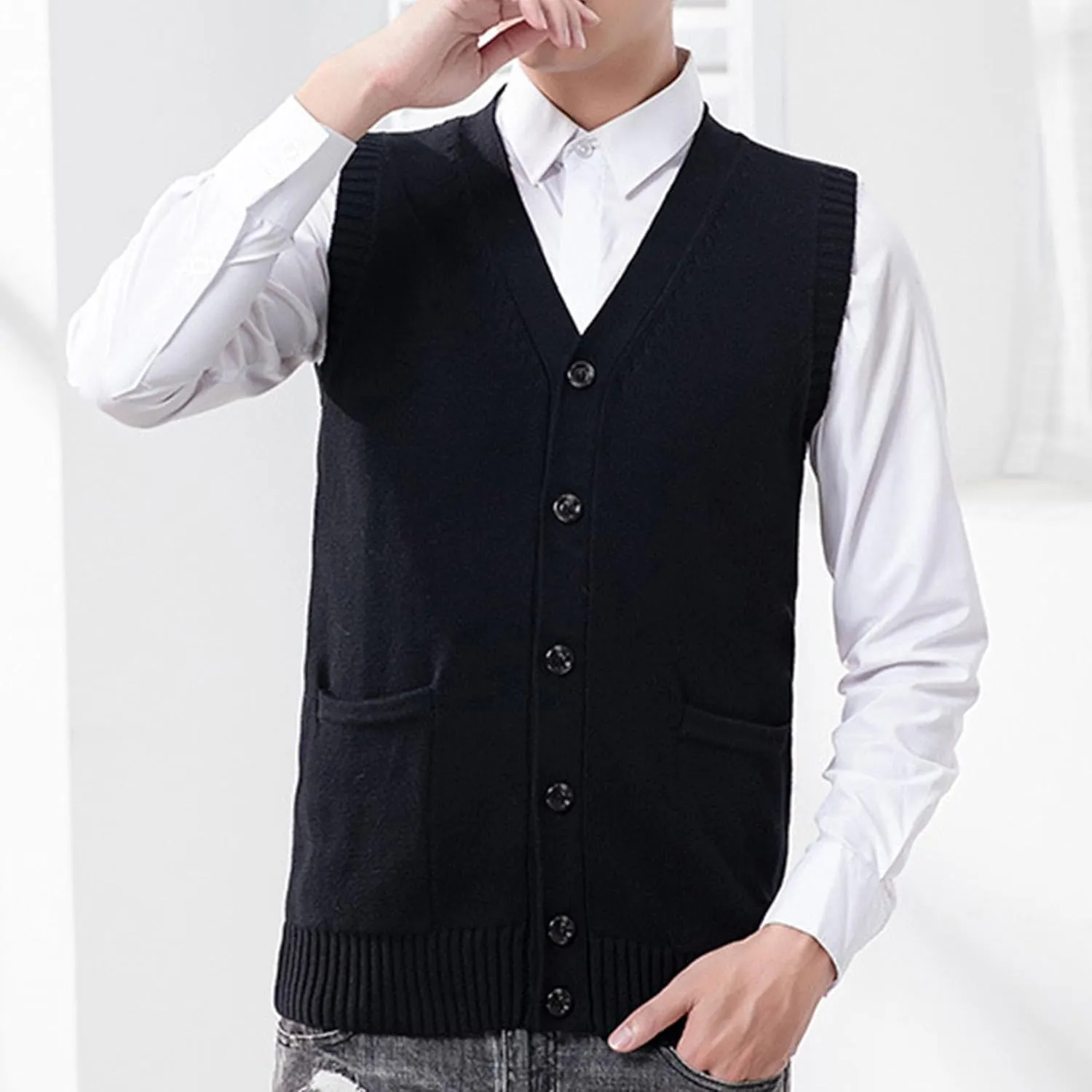Men's Button Knitted Cardigan Vest Wool Blend V Neck Sweaters Lightweight Tank Top with Pockets