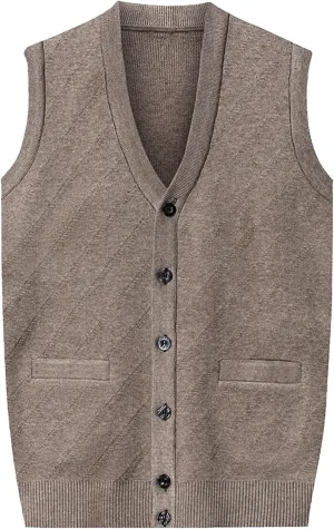 Men's Button Knitted Cardigan Vest Wool Blend V Neck Sweaters Lightweight Tank Top with Pockets