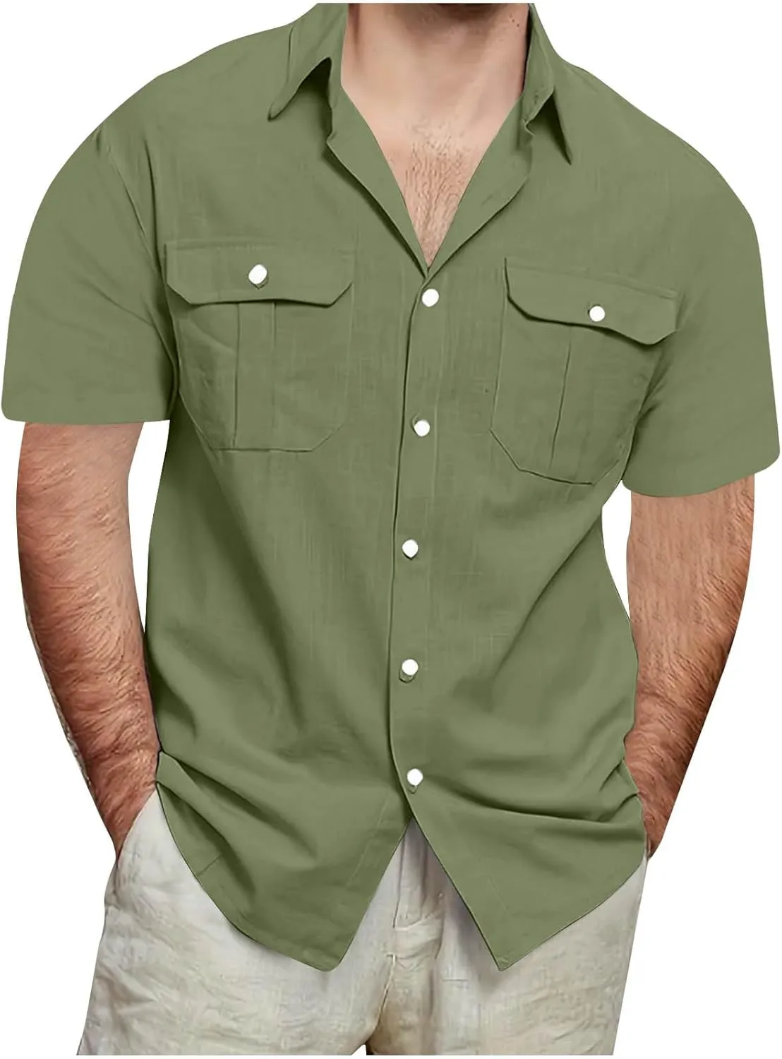 Mens Cargo Shirts Short Sleeve Cotton Linen Tactical T Shirts Multic Pockets Big & Tall Men Summer Hiking Tshirts