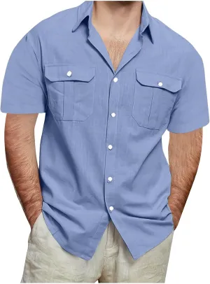 Mens Cargo Shirts Short Sleeve Cotton Linen Tactical T Shirts Multic Pockets Big & Tall Men Summer Hiking Tshirts