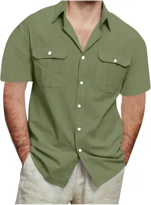 Mens Cargo Shirts Short Sleeve Cotton Linen Tactical T Shirts Multic Pockets Big & Tall Men Summer Hiking Tshirts