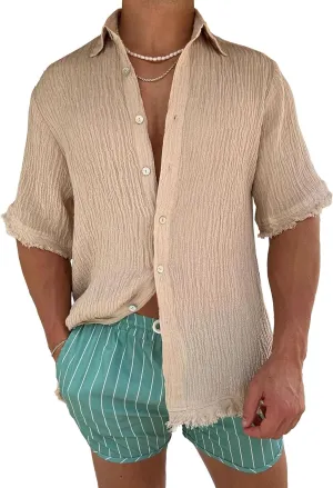 Men's Casual Button Down Shirts Lightweight Cotton Linen Short Sleeve Shirt Summer Shirts Tops