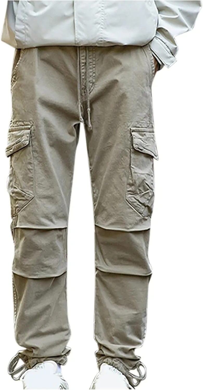 Mens Casual Cargo Pants Elastic Waist Stretch Drawstring Relaxed Fit Jogger Pants Classic Gym Hiking Workout Trousers