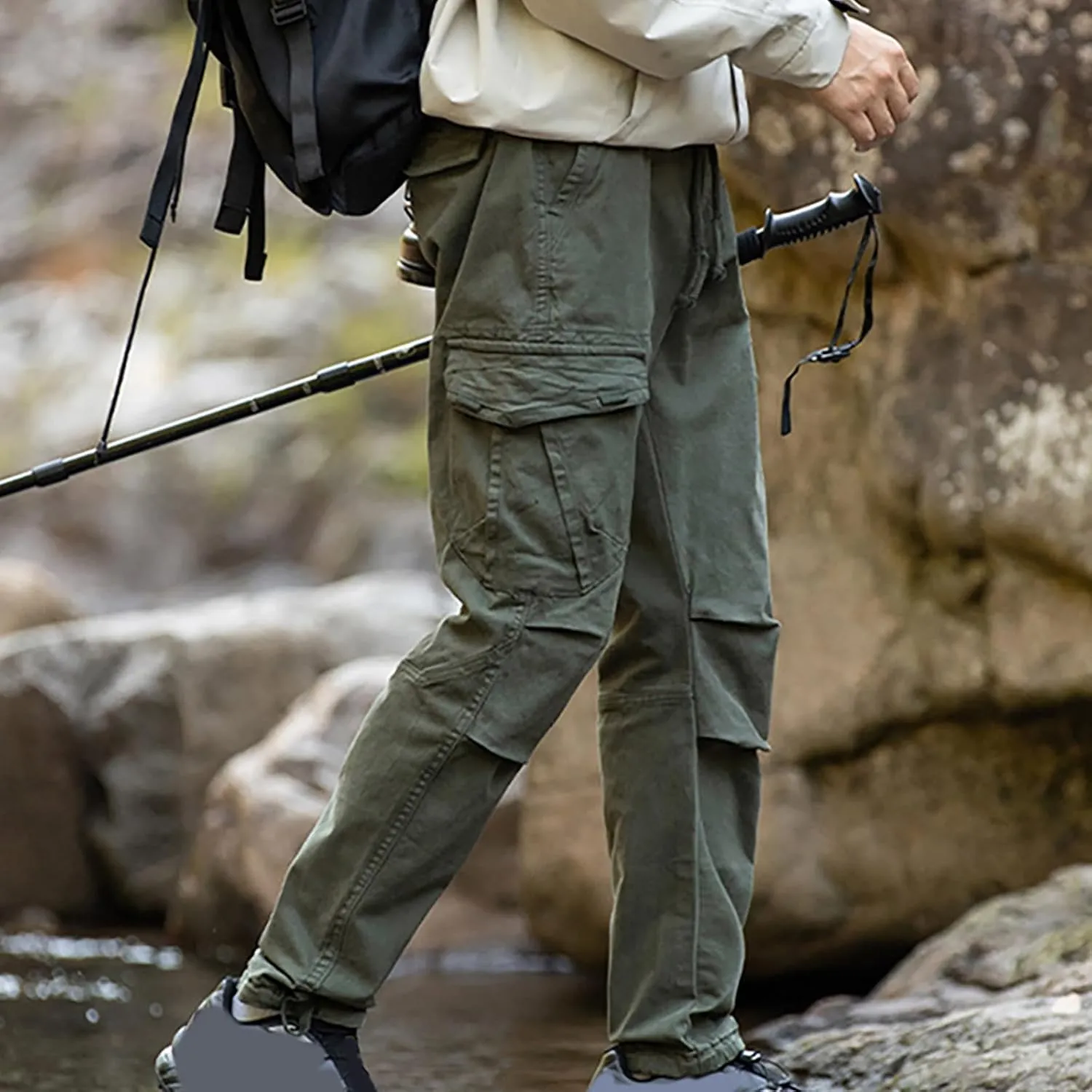 Mens Casual Cargo Pants Elastic Waist Stretch Drawstring Relaxed Fit Jogger Pants Classic Gym Hiking Workout Trousers