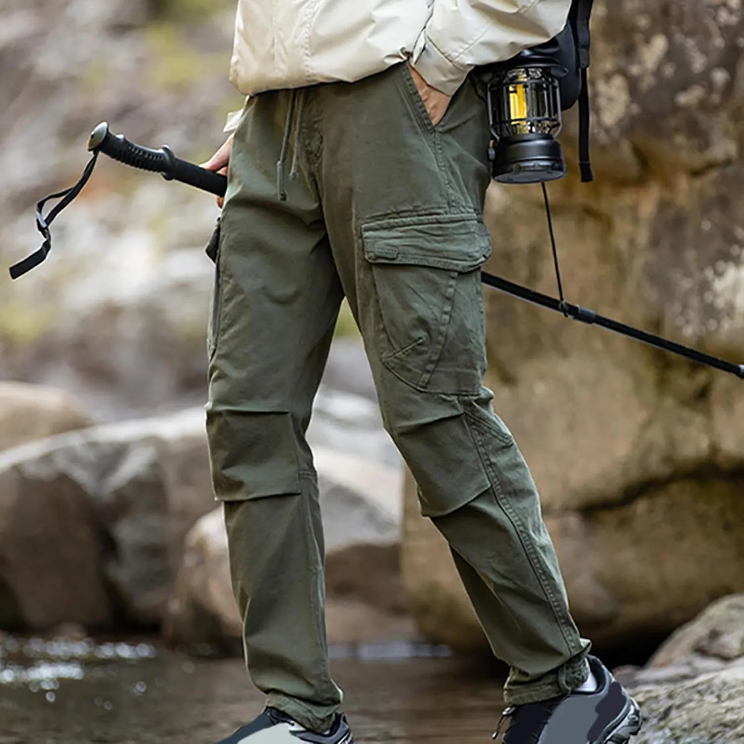 Mens Casual Cargo Pants Elastic Waist Stretch Drawstring Relaxed Fit Jogger Pants Classic Gym Hiking Workout Trousers