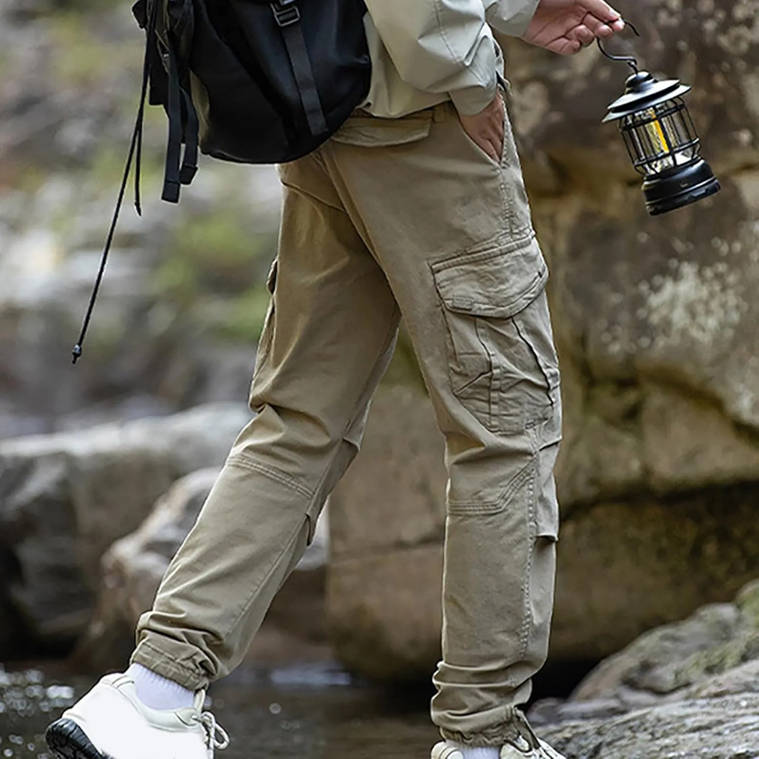 Mens Casual Cargo Pants Elastic Waist Stretch Drawstring Relaxed Fit Jogger Pants Classic Gym Hiking Workout Trousers