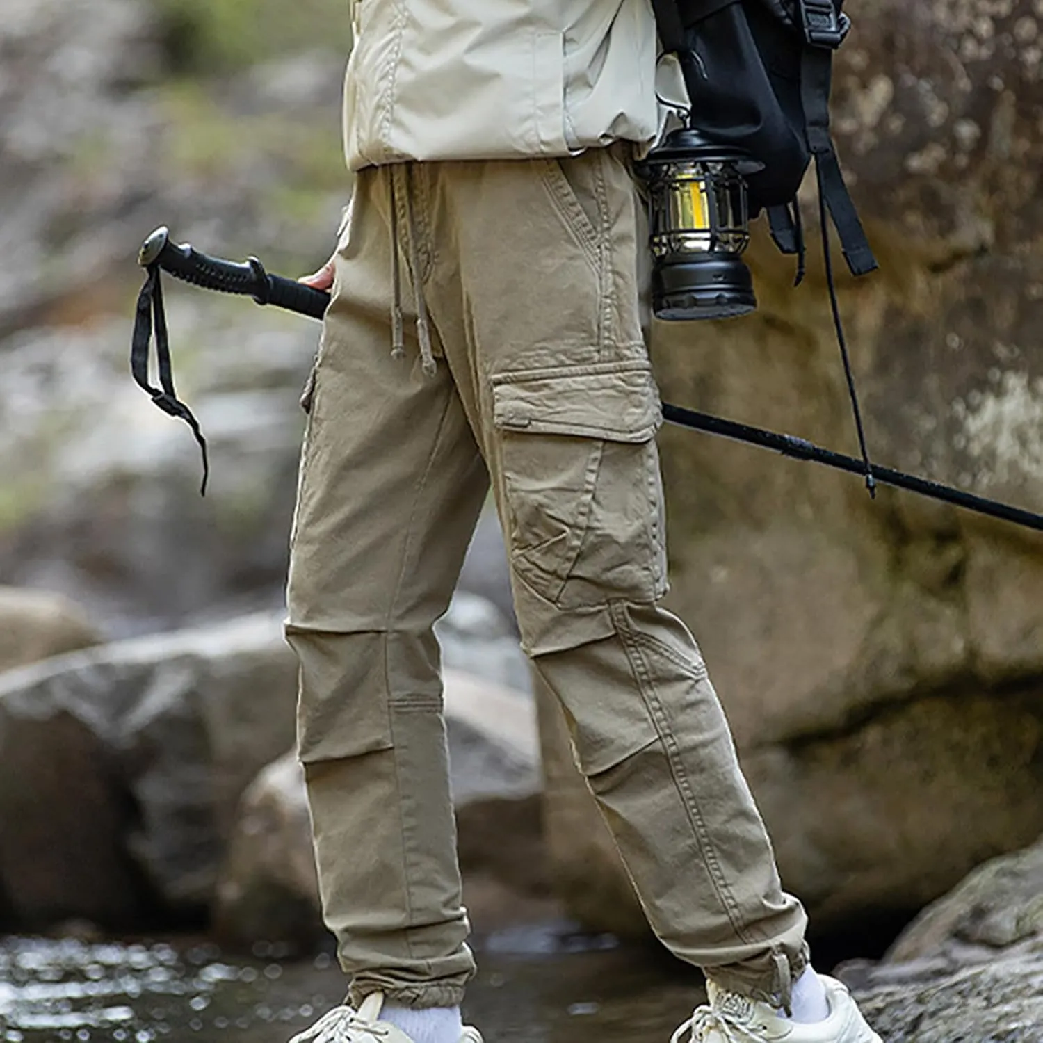 Mens Casual Cargo Pants Elastic Waist Stretch Drawstring Relaxed Fit Jogger Pants Classic Gym Hiking Workout Trousers