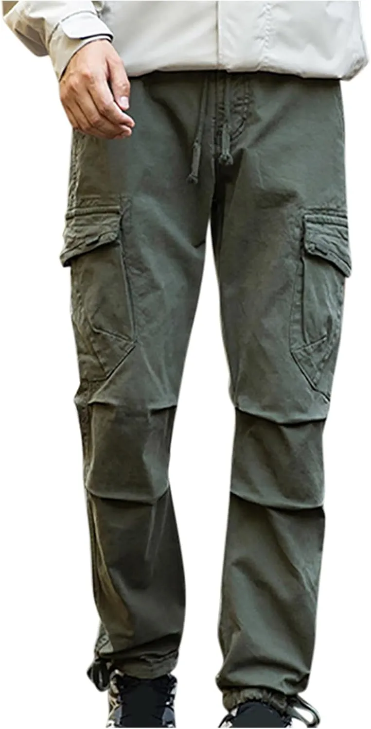 Mens Casual Cargo Pants Elastic Waist Stretch Drawstring Relaxed Fit Jogger Pants Classic Gym Hiking Workout Trousers