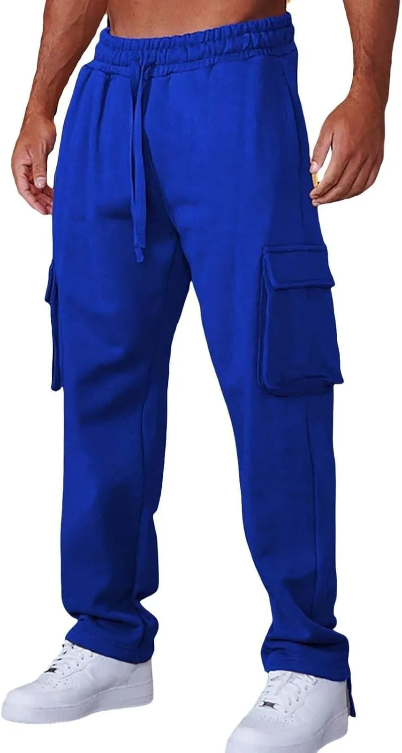 Men's Casual Cargo Pants Workout Drawstring Joggers Sweatpants Hiking Drawstring Open Bottom with Multi Pockets