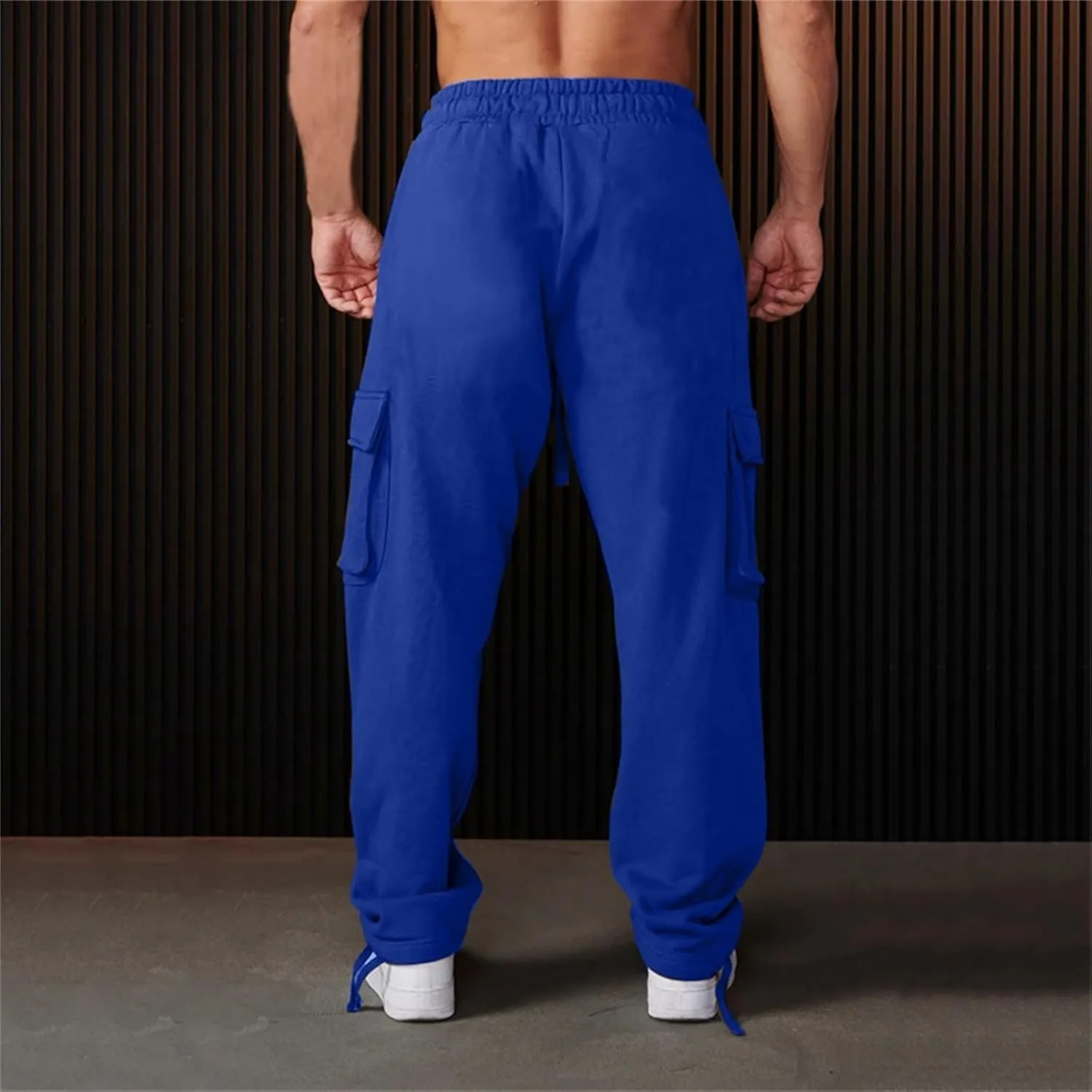 Men's Casual Cargo Pants Workout Drawstring Joggers Sweatpants Hiking Drawstring Open Bottom with Multi Pockets