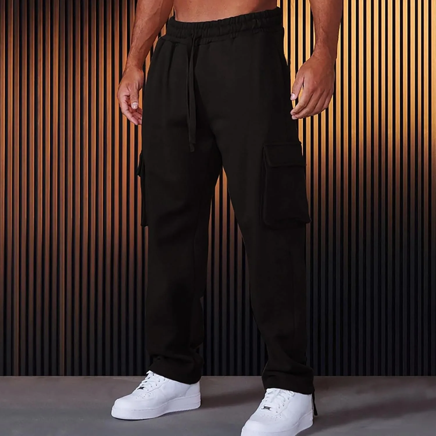 Men's Casual Cargo Pants Workout Drawstring Joggers Sweatpants Hiking Drawstring Open Bottom with Multi Pockets
