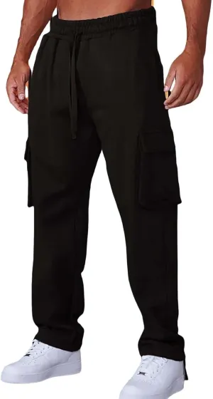 Men's Casual Cargo Pants Workout Drawstring Joggers Sweatpants Hiking Drawstring Open Bottom with Multi Pockets