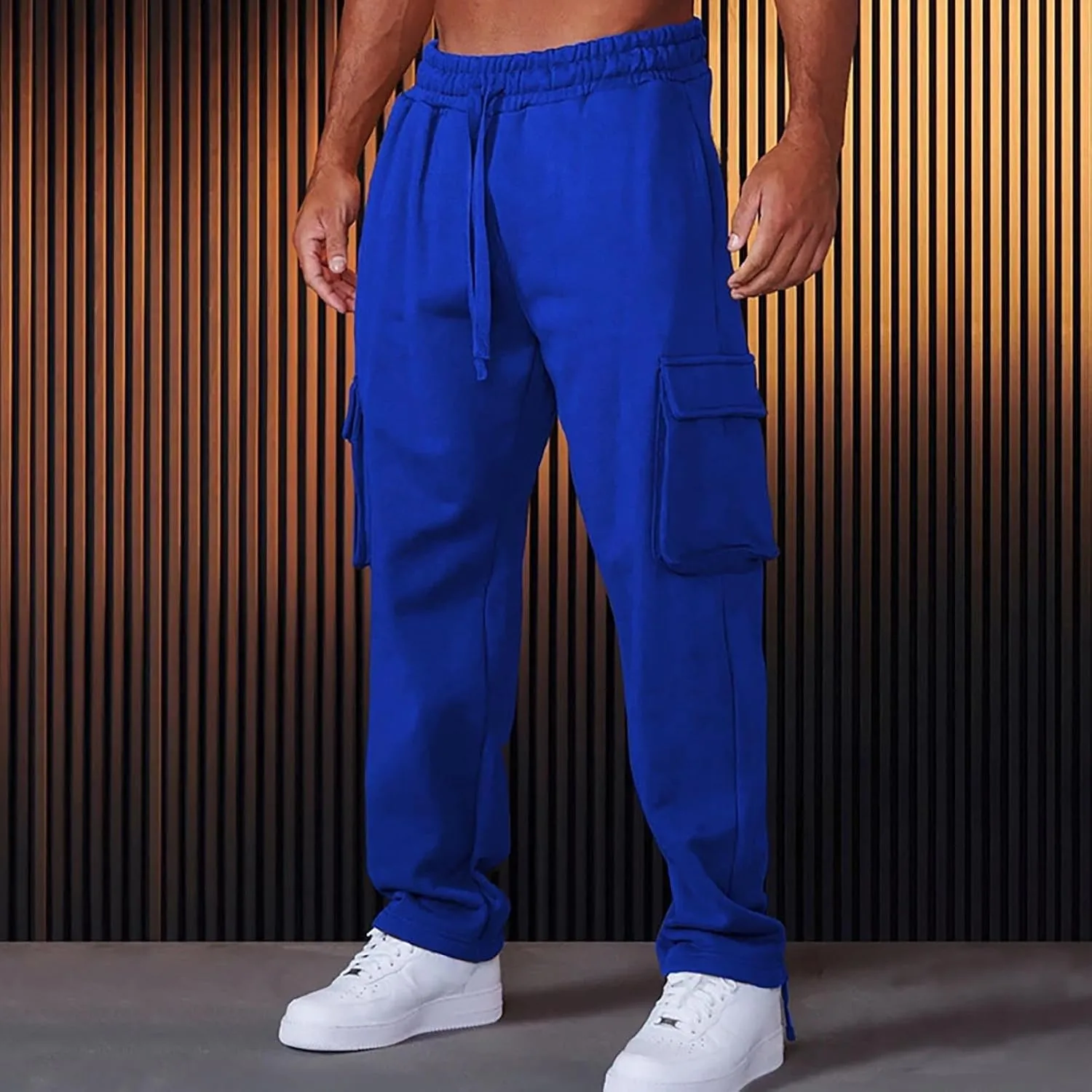 Men's Casual Cargo Pants Workout Drawstring Joggers Sweatpants Hiking Drawstring Open Bottom with Multi Pockets