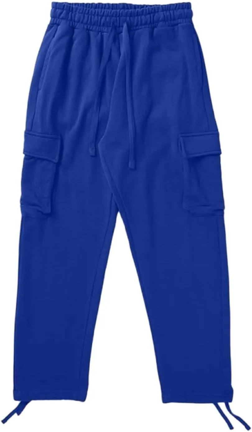 Men's Casual Cargo Pants Workout Drawstring Joggers Sweatpants Hiking Drawstring Open Bottom with Multi Pockets