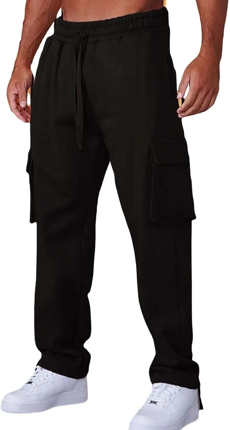 Men's Casual Cargo Pants Workout Drawstring Joggers Sweatpants Hiking Drawstring Open Bottom with Multi Pockets