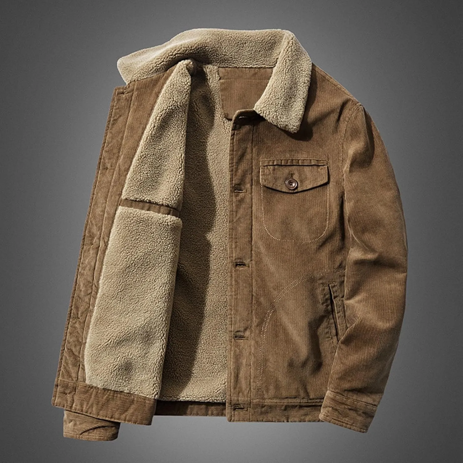 Men's Casual Corduroy Jacket Sherpa Lined Thicken Coat Long Sleeve Button Winter Warm Outerwear with Pocket
