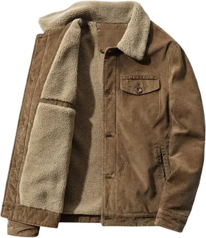 Men's Casual Corduroy Jacket Sherpa Lined Thicken Coat Long Sleeve Button Winter Warm Outerwear with Pocket