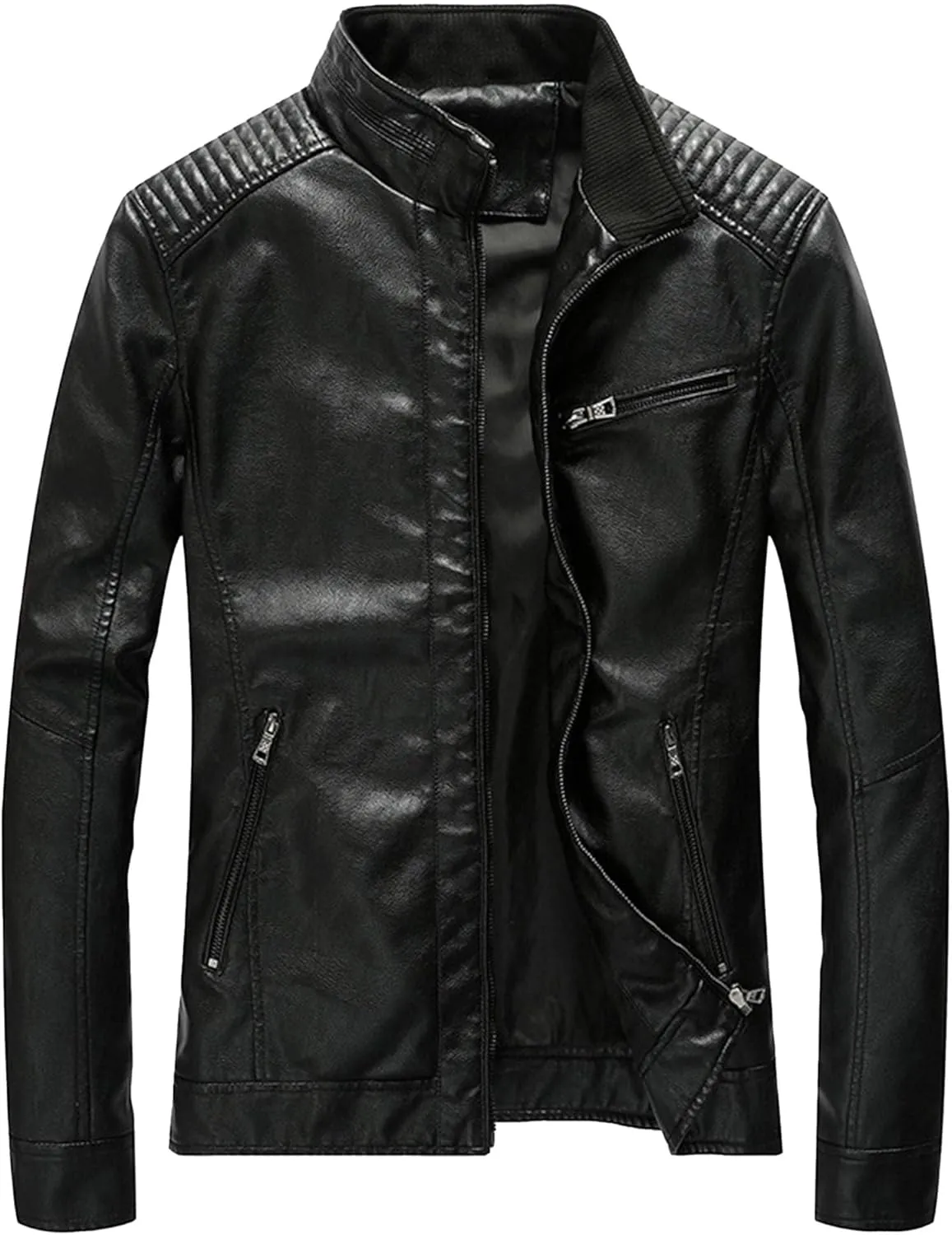 Men's Casual Faux Leather Jacket Stand Collar Zip-up Biker Motorcycle Jackets Punk Style Casual PU Fur Jacket