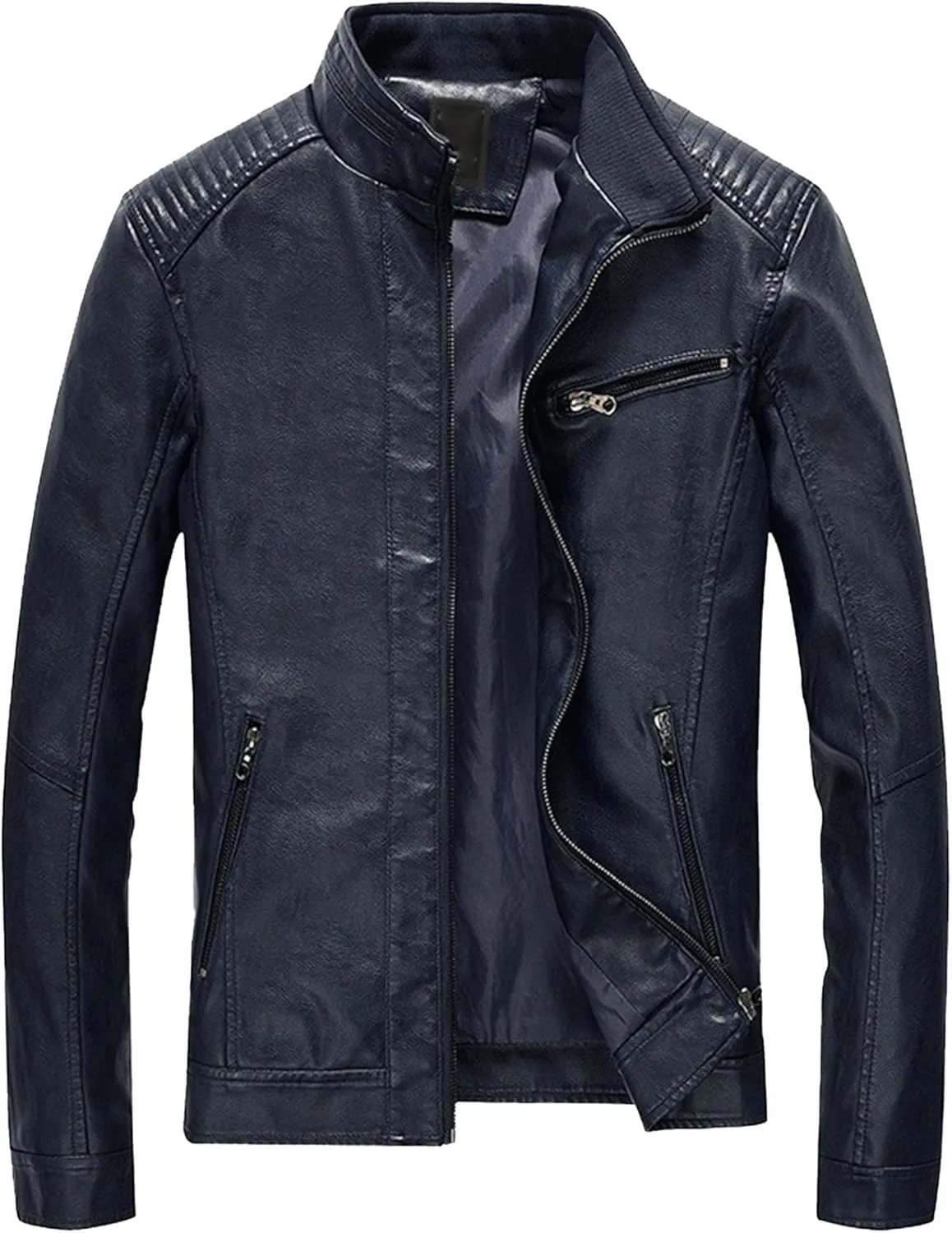 Men's Casual Faux Leather Jacket Stand Collar Zip-up Biker Motorcycle Jackets Punk Style Casual PU Fur Jacket