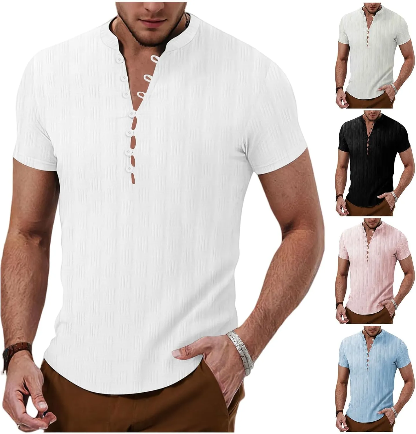 Mens Casual Henely Shirts 2025 Classic Button up Short Sleeve T Shirts Fashion Textured Summer Beach Hawaiian Shirts