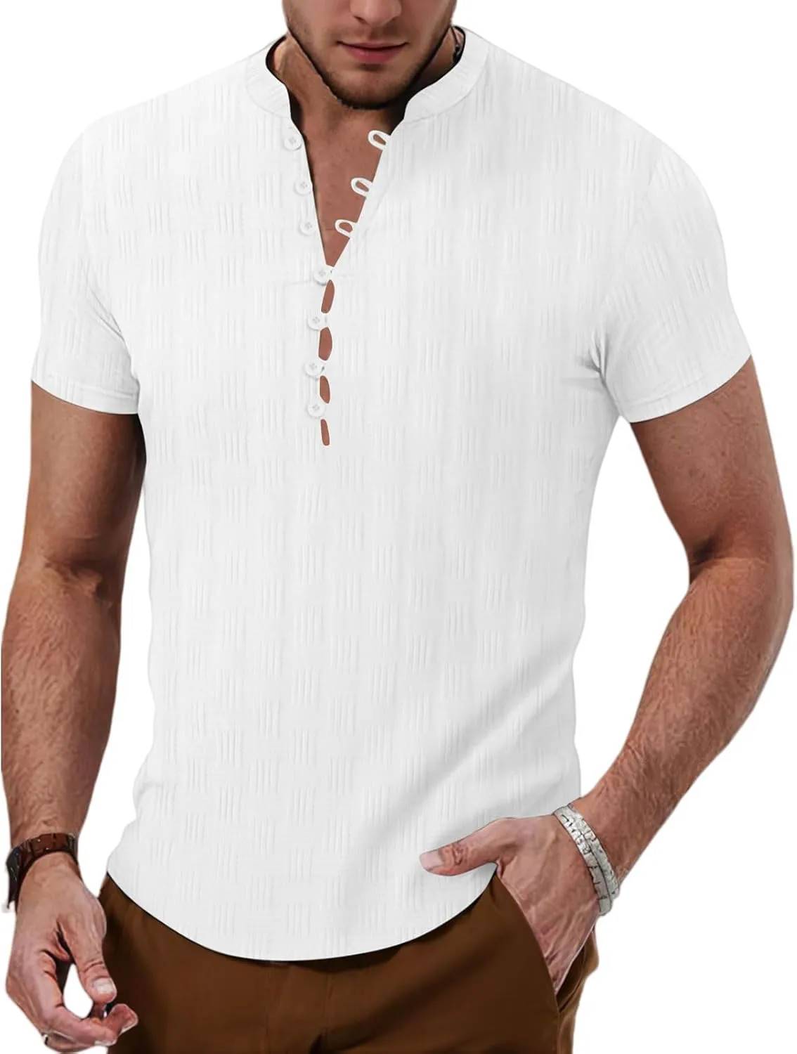 Mens Casual Henely Shirts 2025 Classic Button up Short Sleeve T Shirts Fashion Textured Summer Beach Hawaiian Shirts
