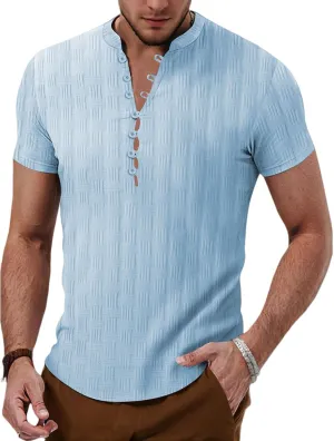 Mens Casual Henely Shirts 2025 Classic Button up Short Sleeve T Shirts Fashion Textured Summer Beach Hawaiian Shirts