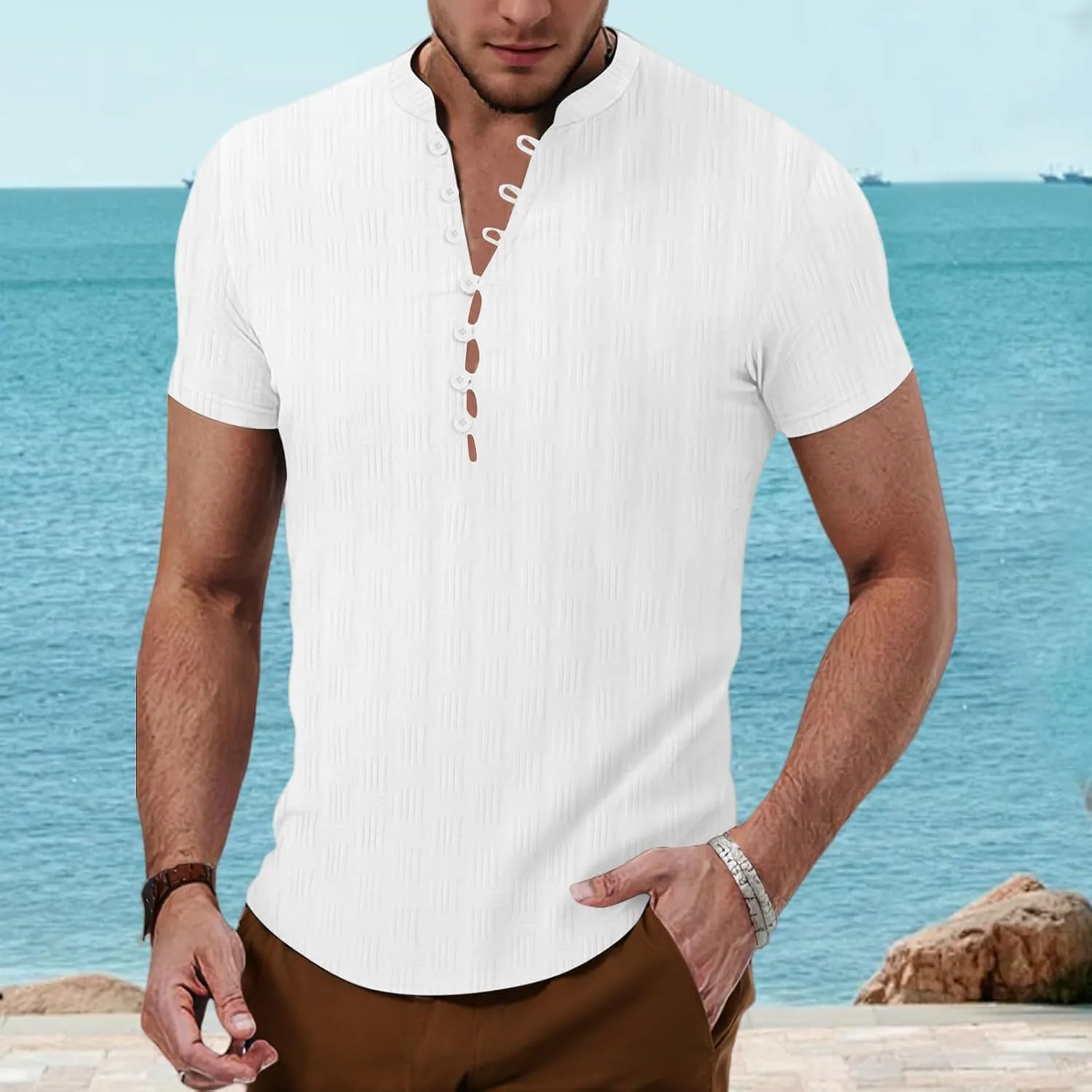 Mens Casual Henely Shirts 2025 Classic Button up Short Sleeve T Shirts Fashion Textured Summer Beach Hawaiian Shirts