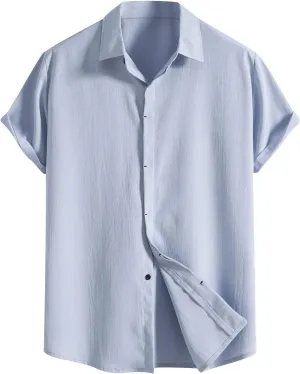 Mens Casual Linen Shirt Short Sleeve Button Down Tops Summer Loose Fit Simple Breathable Solid Hawaiian Beach Shirts