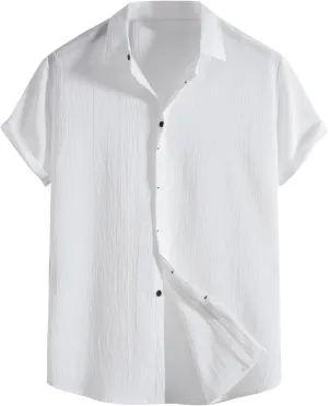 Mens Casual Linen Shirt Short Sleeve Button Down Tops Summer Loose Fit Simple Breathable Solid Hawaiian Beach Shirts