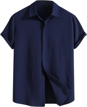 Mens Casual Linen Shirt Short Sleeve Button Down Tops Summer Loose Fit Simple Breathable Solid Hawaiian Beach Shirts