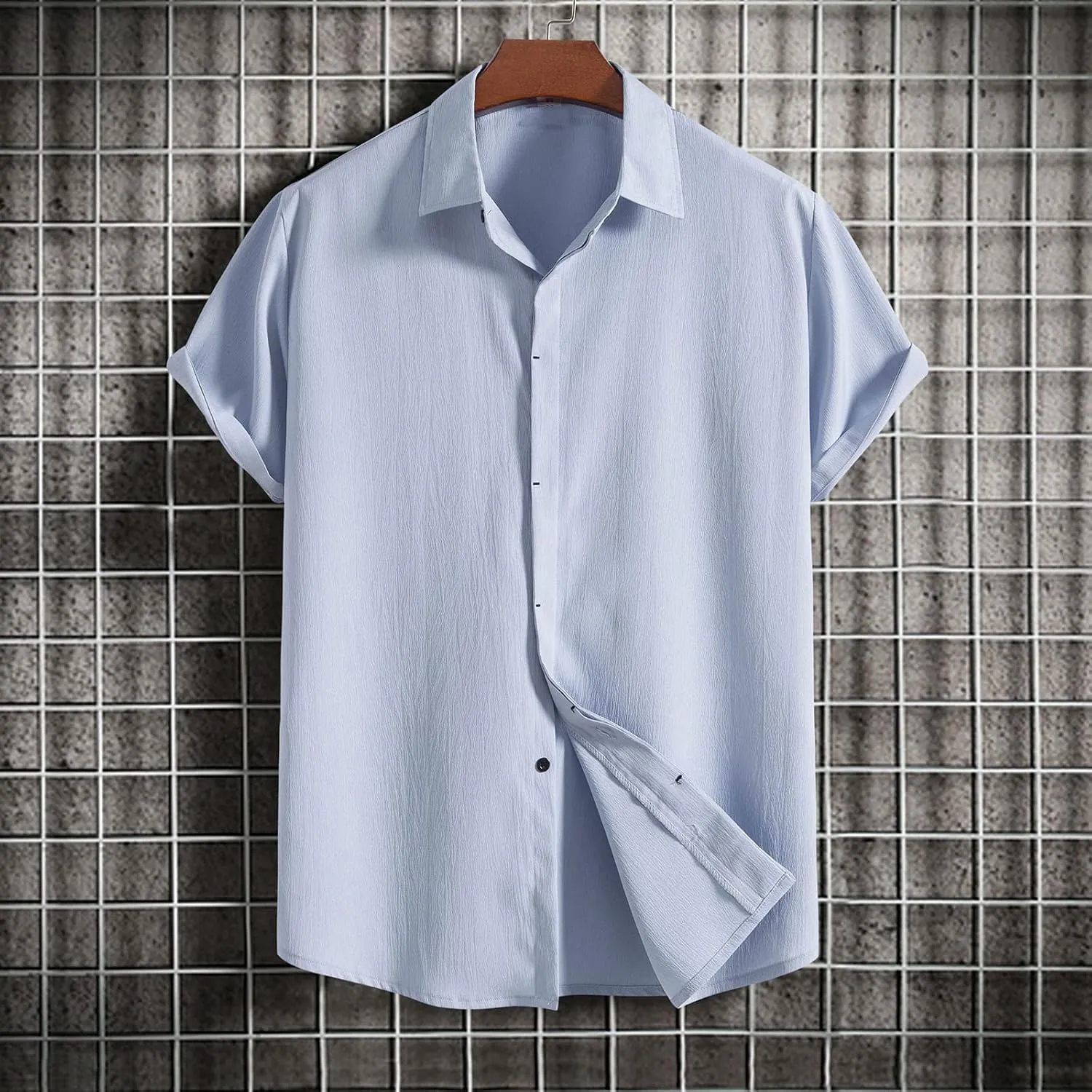 Mens Casual Linen Shirt Short Sleeve Button Down Tops Summer Loose Fit Simple Breathable Solid Hawaiian Beach Shirts
