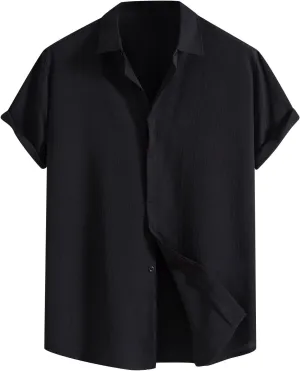 Mens Casual Linen Shirt Short Sleeve Button Down Tops Summer Loose Fit Simple Breathable Solid Hawaiian Beach Shirts