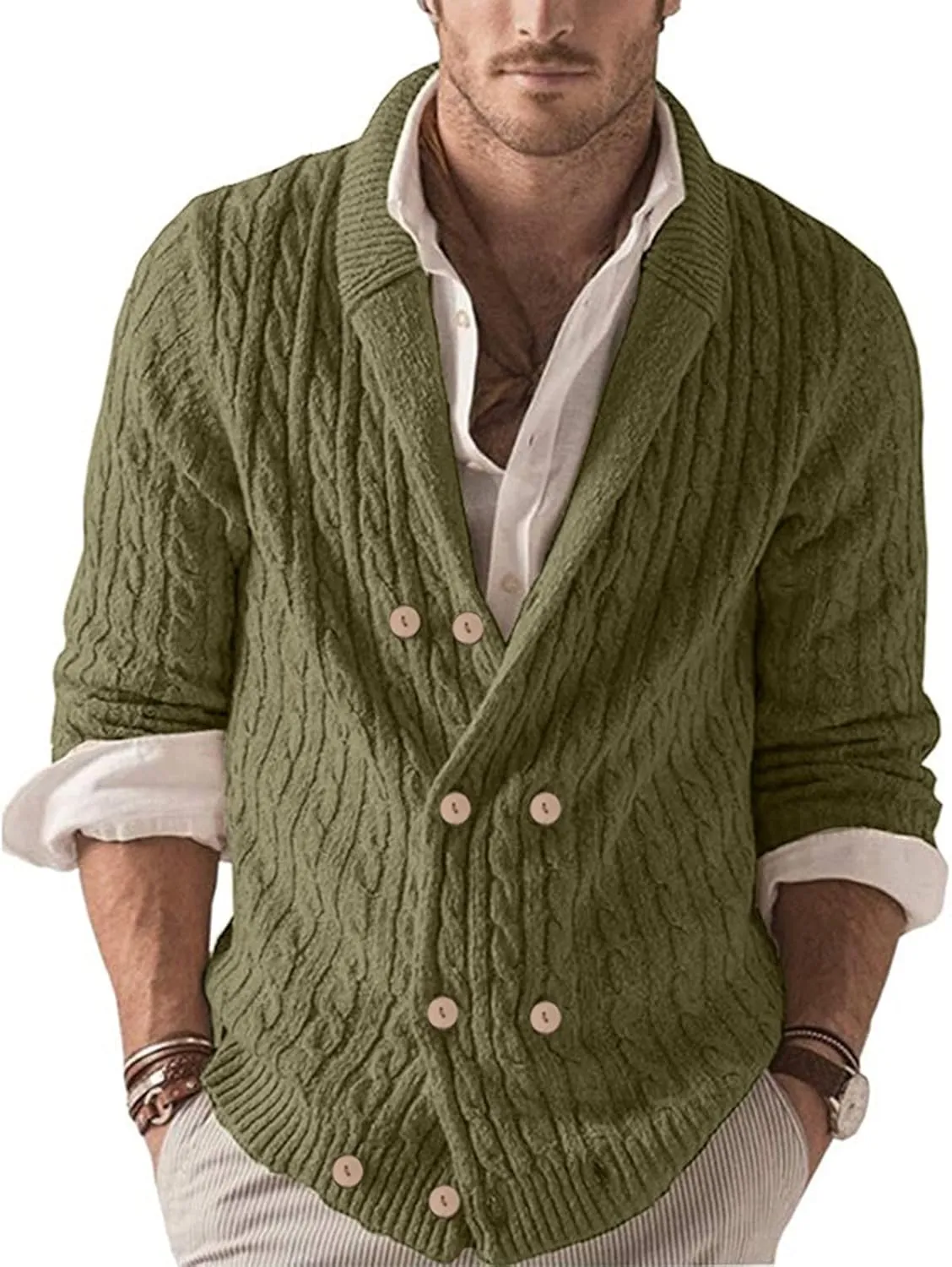 Men's Chunky Ribbed Double Breasted Long-Sleeve Cardigan Sweater V Neck Button Down Knitted Sweater with Pockets