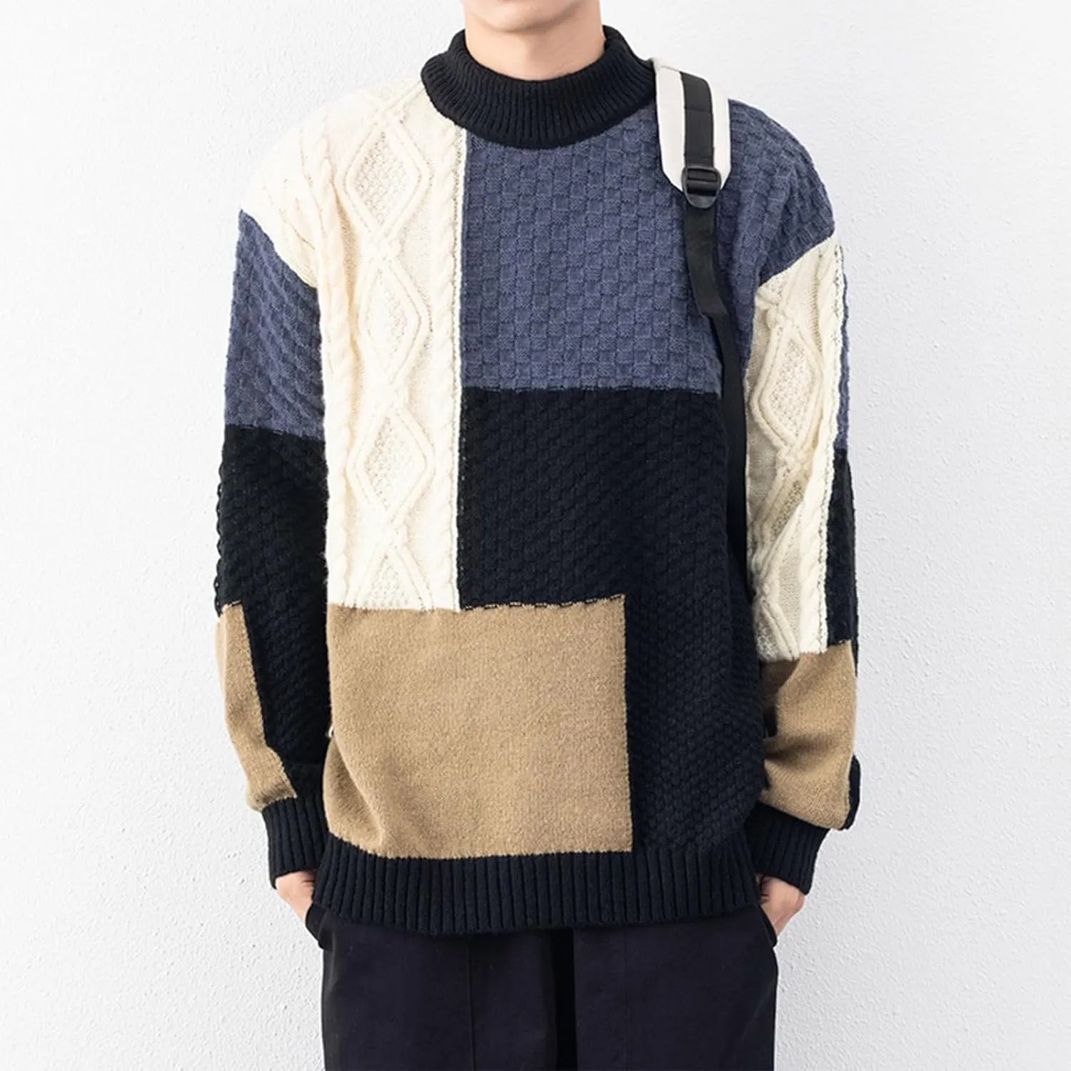 Mens Color Block Sweater Cable Knit Pullover Sweater Textured Sweater Casual Long Sleeve Sweaters Plus Size Pullover