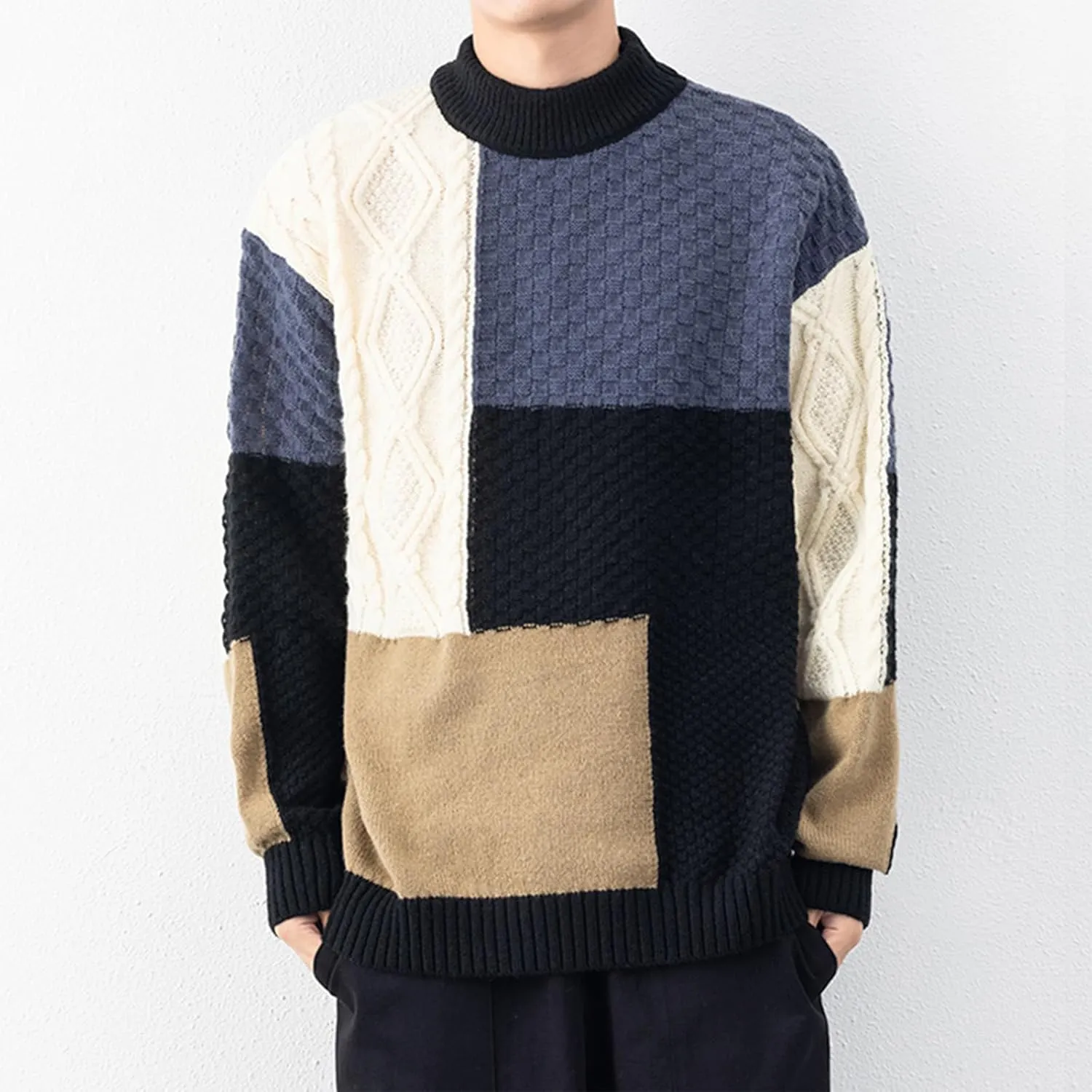 Mens Color Block Sweater Cable Knit Pullover Sweater Textured Sweater Casual Long Sleeve Sweaters Plus Size Pullover