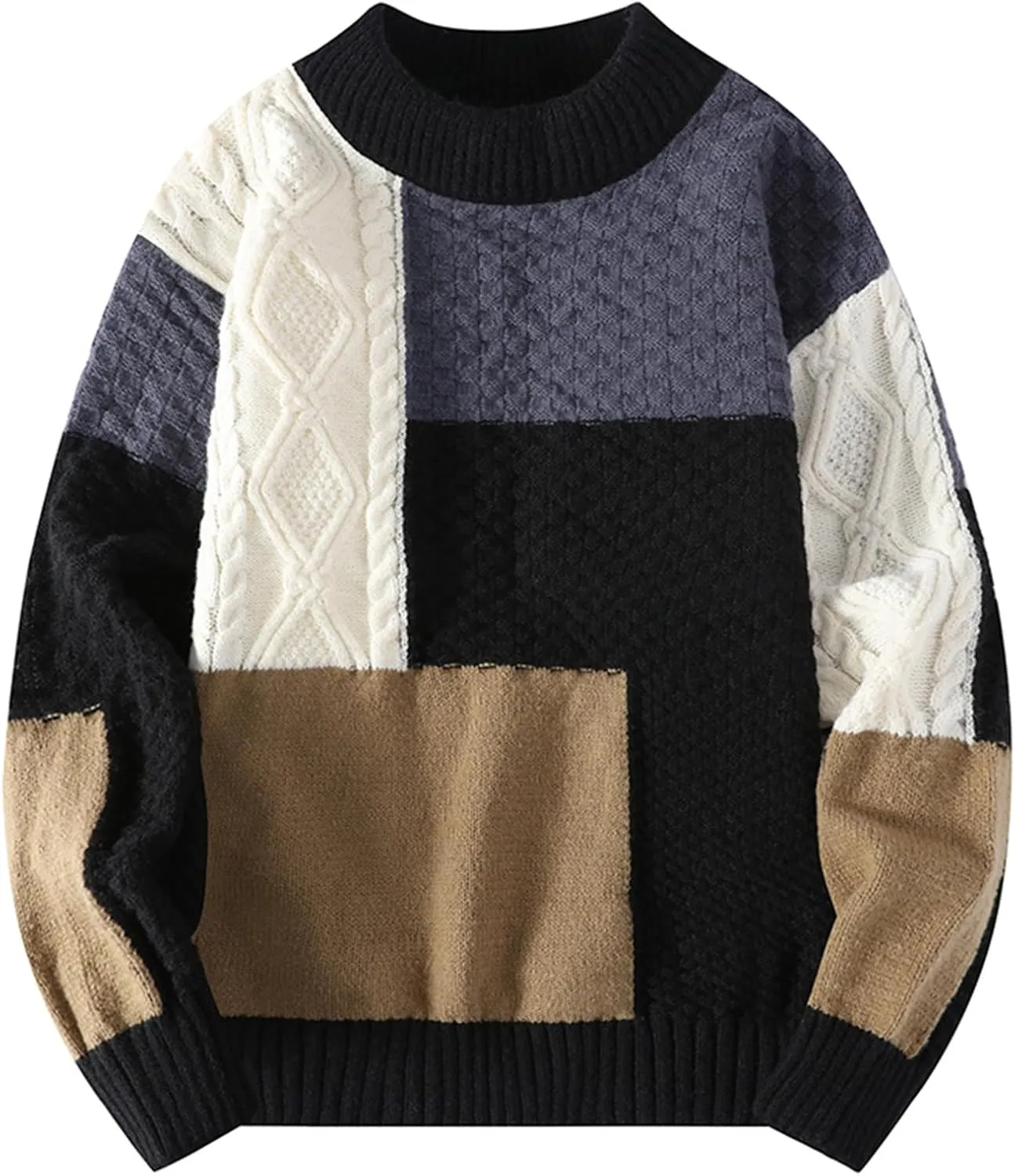 Mens Color Block Sweater Cable Knit Pullover Sweater Textured Sweater Casual Long Sleeve Sweaters Plus Size Pullover