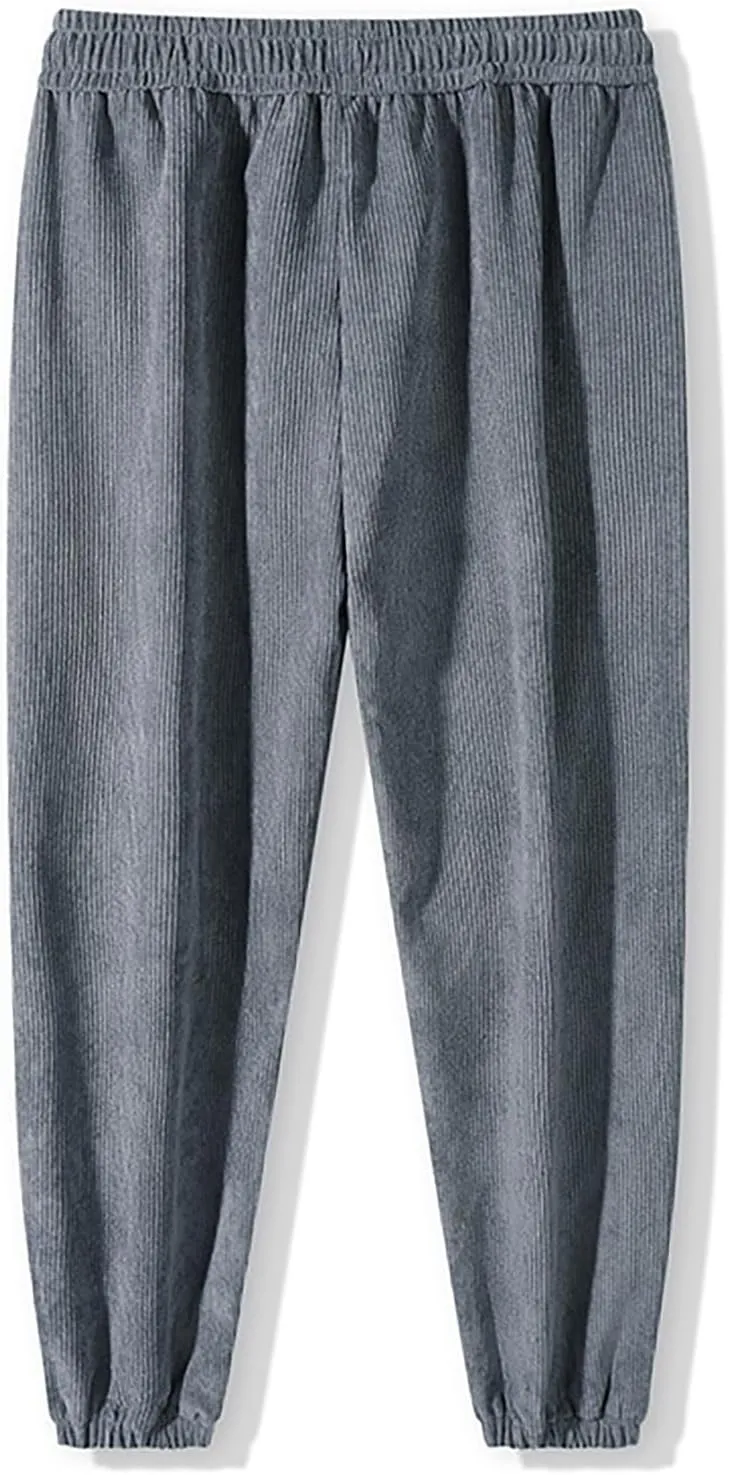 Mens Corduroy Pants Drawstring Elastic Waist Joggers Sweatpants Casual Relaxed Fit Athletic Harem Pants with Pockets