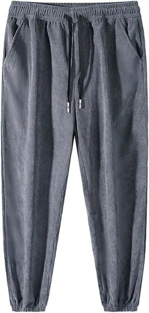 Mens Corduroy Pants Drawstring Elastic Waist Joggers Sweatpants Casual Relaxed Fit Athletic Harem Pants with Pockets
