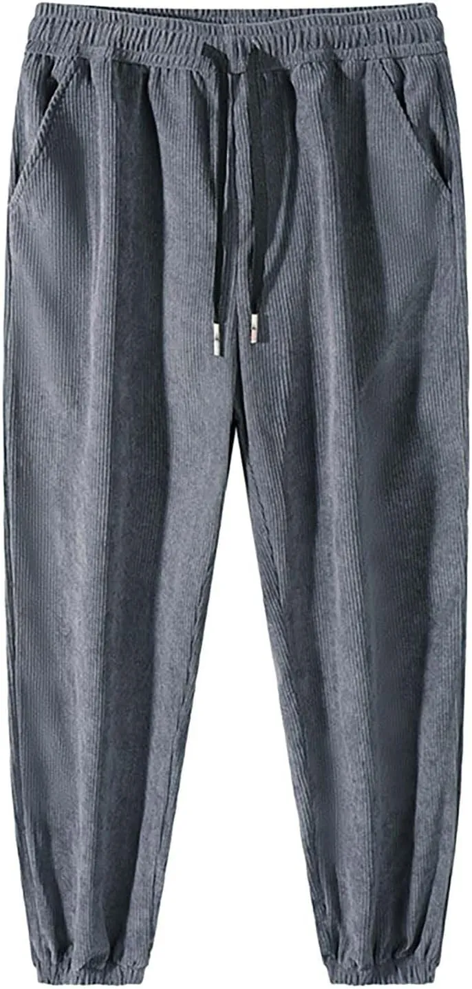 Mens Corduroy Pants Drawstring Elastic Waist Joggers Sweatpants Casual Relaxed Fit Athletic Harem Pants with Pockets