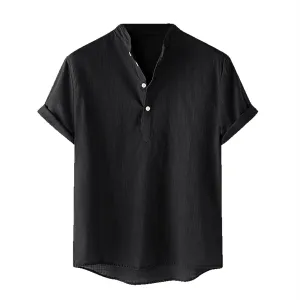 Men's Cotton Linen Henley Shirt Short Sleeve Breathable Shirts Casual Lightweight Summer Tee Tops