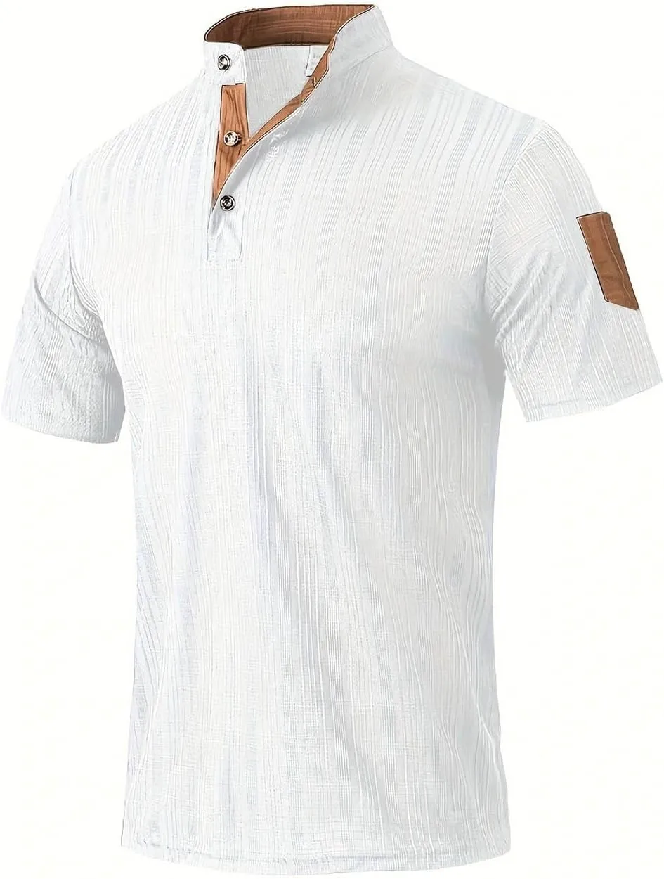 Men's Cotton Linen Henley Shirts Casual Lightweight Short Sleeve Button Down Stand Collar T-Shirt Summer Beach Tops