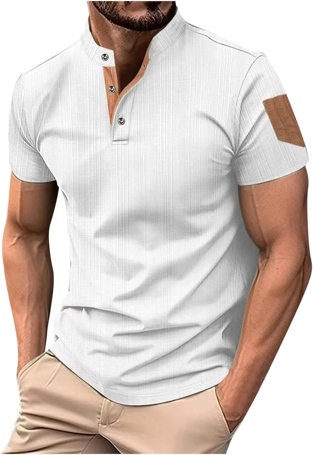 Men's Cotton Linen Henley Shirts Casual Lightweight Short Sleeve Button Down Stand Collar T-Shirt Summer Beach Tops