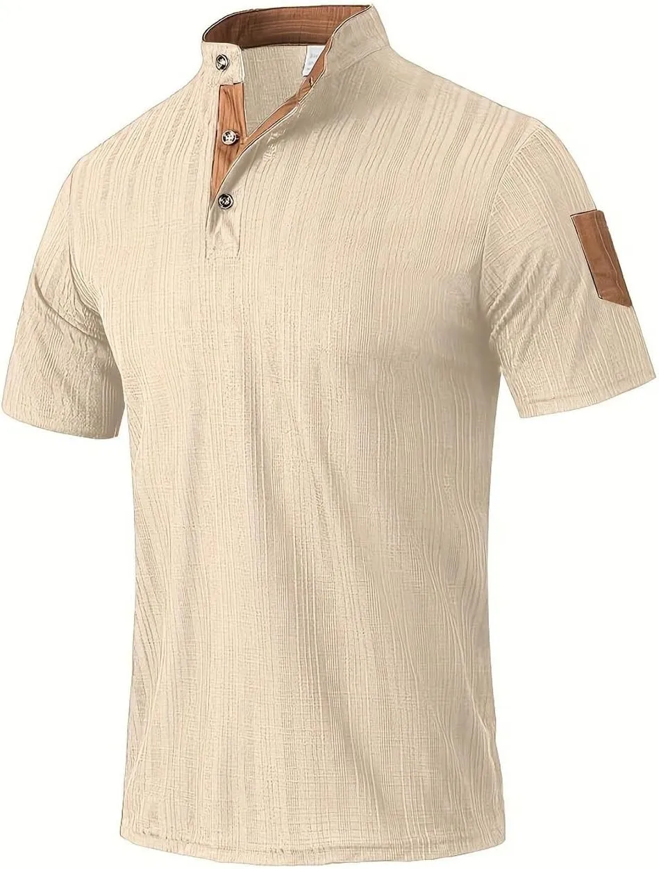 Men's Cotton Linen Henley Shirts Casual Lightweight Short Sleeve Button Down Stand Collar T-Shirt Summer Beach Tops